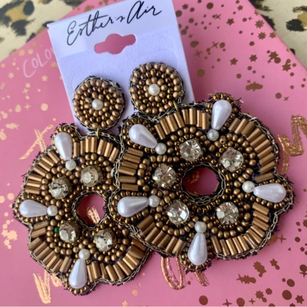 Gold Pearl Seed Bead Rhinestone Lightweight Felt Back  Statement Earrings Boho